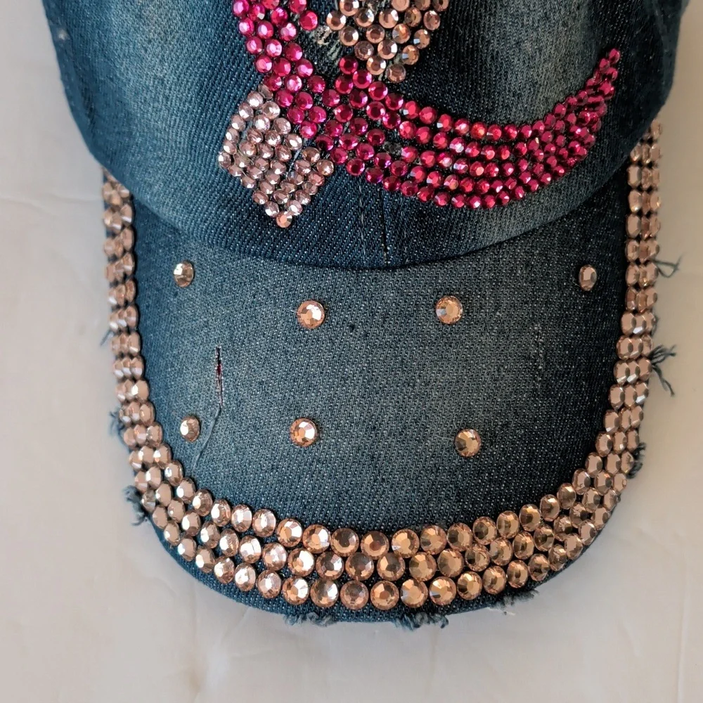 Distressed Pink Ribbon Breast Cancer Awareness Blue Denim Cap